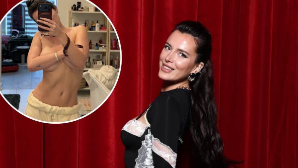 Bella Thorne Goes Topless and Shows Off Her Abs in Low-Rise Sweats as She Poses for Mirror Selfie