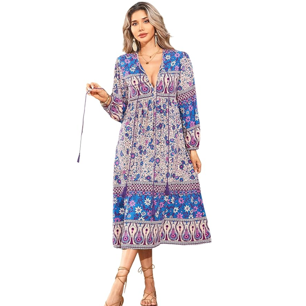 R.Vivimos V-Neck Tassel Bohemian Midi Dress