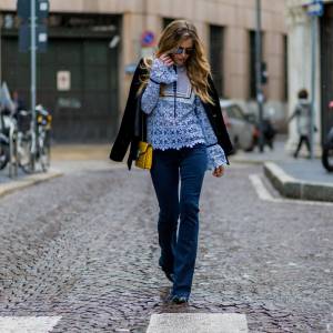 MILAN, ITALY - FEBRUARY 29: Maja Malnar wearing a babyblue blouse by Mr.self portrait, navy jeans from Mother denim, Bulgari bag, Lanvin shoes, Zara studio jacket, Taylor Morris sunglasses seen during Milan Fashion Week Fall/Winter 2016/17 on February 29, 2016, in Milan, Italy (Photo by Christian Vierig/Getty Images)