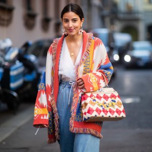MILAN, ITALY - FEBRUARY 21: Bettina Looney is seen wearing two tone denim jeans, Fendi bag, cardigan outside Vivetta on Day 2 Milan Fashion Week Autumn/Winter 2019/20 on February 21, 2019 in Milan, Italy. (Photo by Christian Vierig/Getty Images)
