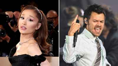 A split image of Ariana Grande on a red carpet and Harry Styles performing.
