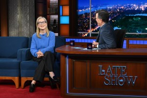 NEW YORK - APRIL 1: Meryl Streep and Stephen Colbert on the CBS series The Late Show with Stephen Colbert, scheduled to air on the CBS Television Network. (Photo by Scott Kowalchyk/CBS via Getty Images)