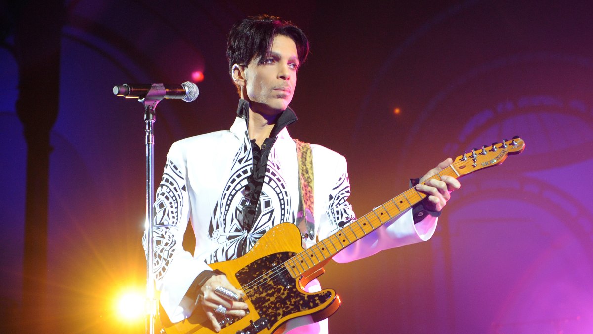 Prince performing with a guitar.