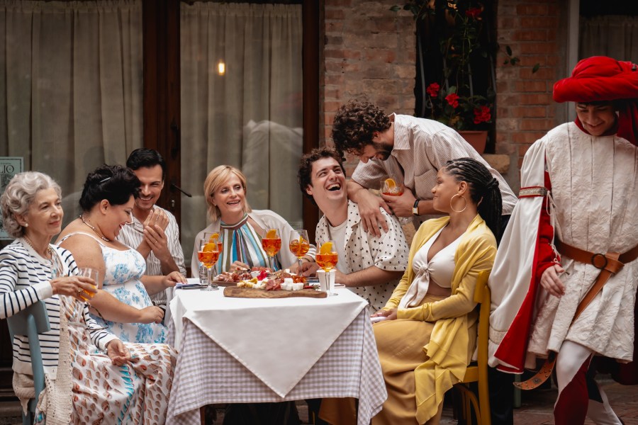 You, Me & Tuscany (from left) Nonna Alessia (Stefania Casini), Francesca (Stella Pecollo), Leo (Luca Setaccioli), Gabriella (Isabella Ferrari), Enzo (Tommaso Cassissa), Matteo (Lorenzo de Moor) and Anna (Halle Bailey) in You, Me & Tuscany, directed by Kat Coiro.