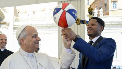 Pope Leo XIV Welcomes Harlem Globetrotters to the Vatican Spins Basketball on His Finger