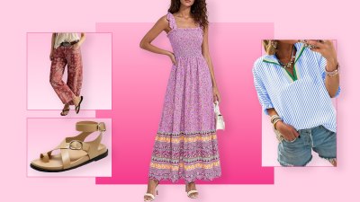 Barrel jeans, gladiator sandals, flowy dress and striped top