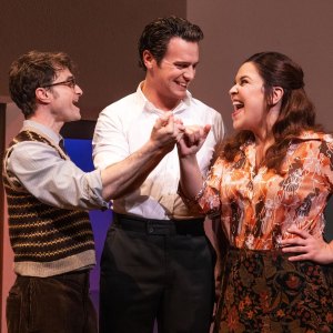 Daniel Radcliffe, Jonathan Groff and Lindsay Mendez in Merrily We Roll Along