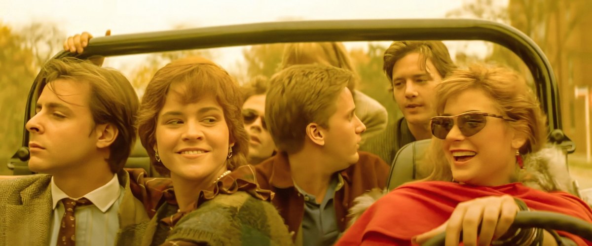 Judd Nelson, Ally Sheedy, Rob Lowe Emilio Estevez, Mare Winningham (obscured), Andrew McCarthy and Demi Moore in St. Elmo's Fire