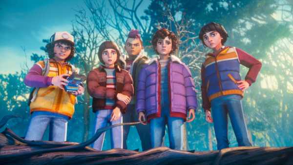 Braxton Quinney as Dustin, Benjamin Plessala as Will, Brooklyn Davey Norstedt as Eleven and Luca Diaz as Mike in Stranger Things: Tales From '85