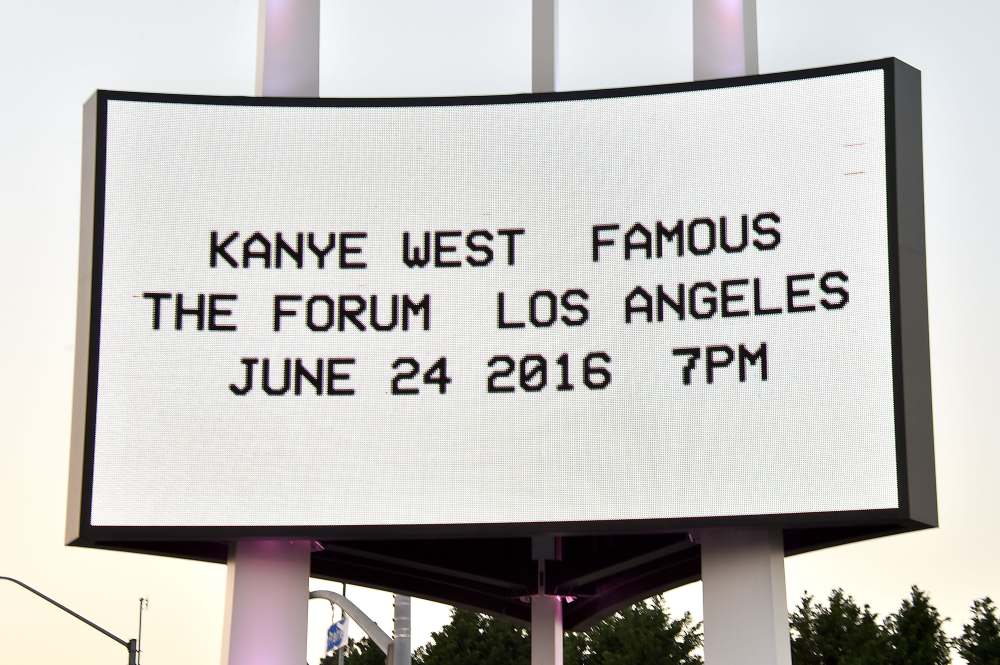 The Forum marquee for Kanye West's "Famous" music video premiere