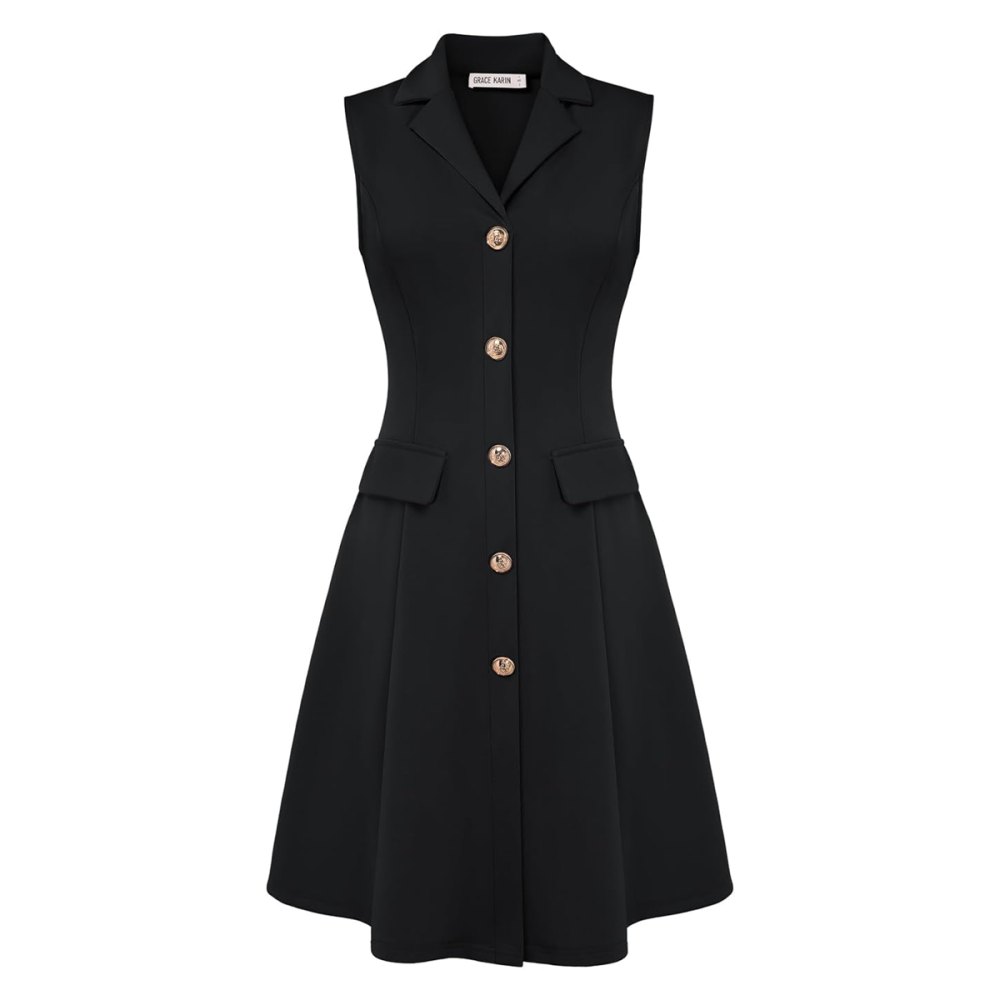 Grace Karin Sleeveless Button V-Neck Midi Dress