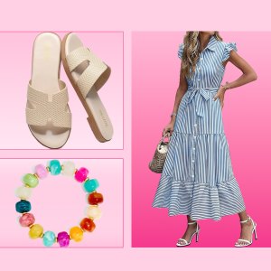 Beige sandals, colorful bracelet and striped dress