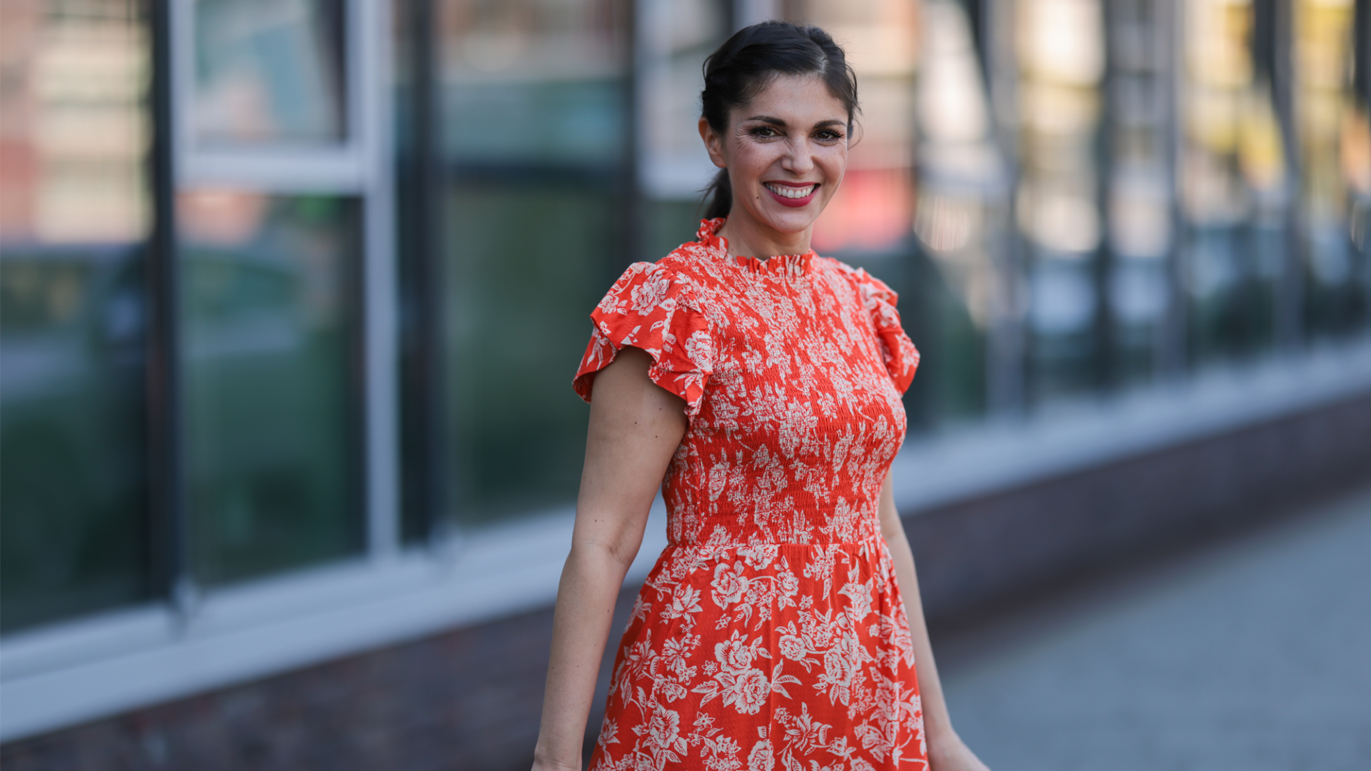 Anna Wolfers wearing red dress via Goldig Shop on May 31, 2021 in Hamburg, Germany.
