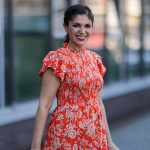 Anna Wolfers wearing red dress via Goldig Shop on May 31, 2021 in Hamburg, Germany.