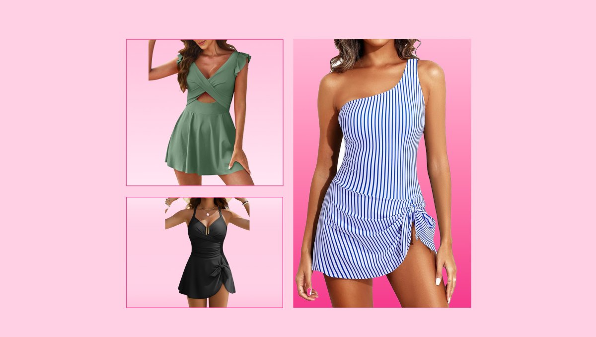Green, white and blue and black swim dresses from Amazon