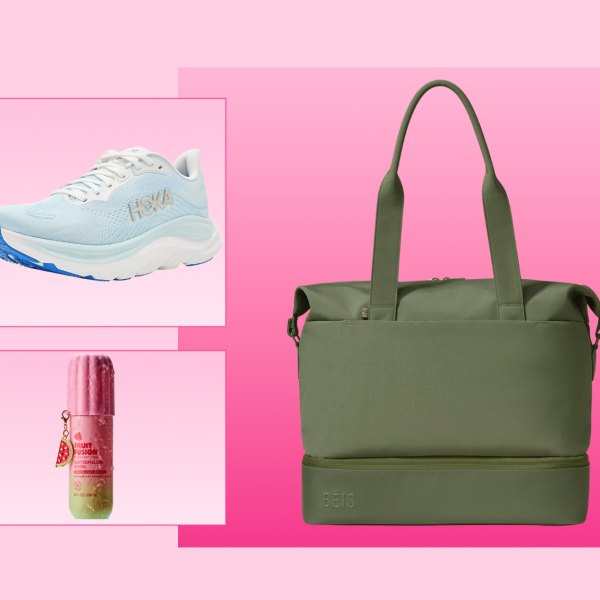 Hoka sneakers, Bath and Body Works body Spray Beis weekender bag and Dibs The Edit stick