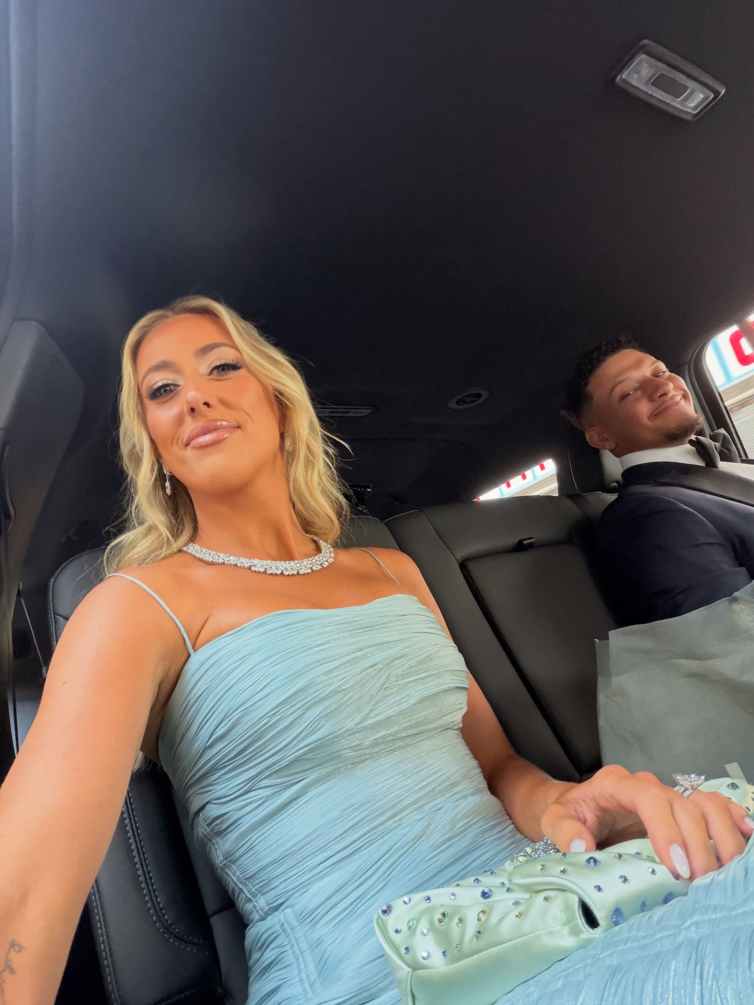 Patrick and Brittany Mahomes Match in Blue at Taylor and Travis’ Wedding