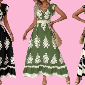 Printed V-Neck Ruffled Cap Sleeve Dress