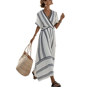Striped Wrap Half Sleeve Maxi Dress