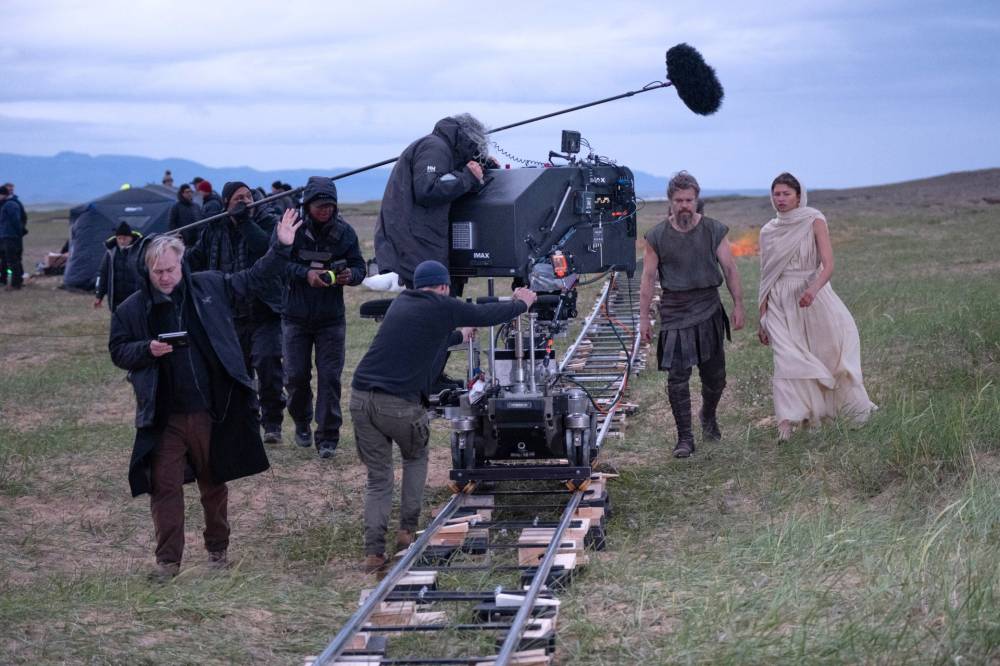 Director Christopher Nolan (left), Matt Damon, Zendaya (right) filming The Odyssey