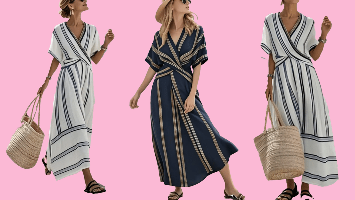 Striped Wrap Half Sleeve Maxi Dress