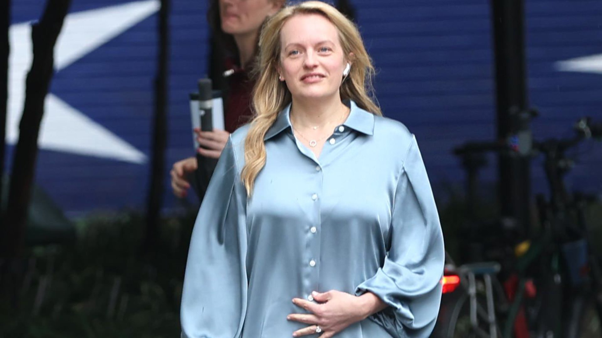 Elisabeth Moss is seen on the set of