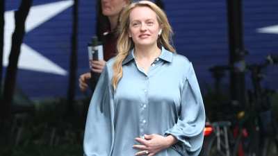 Elisabeth Moss is seen on the set of