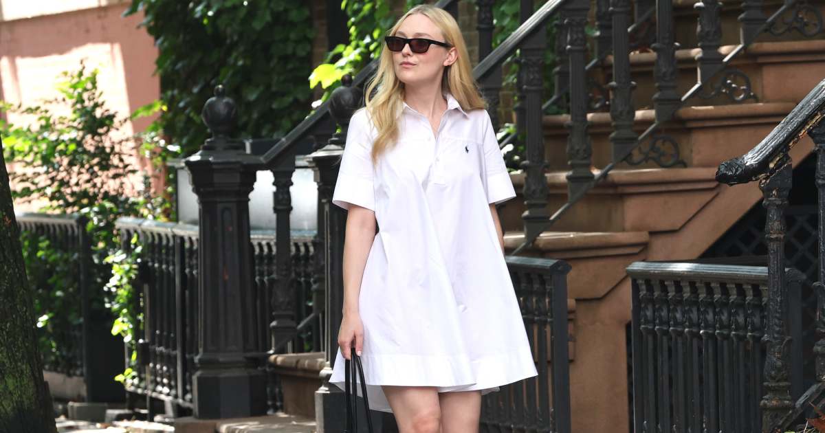 Dakota Fanning’s Shirtdress Is Loose, Slimming and Basically Made for 70-Degree Fall Days Dakota Fanning’s Shirtdress Is Loose, Slimming and Basically Made for 70-Degree Fall Days