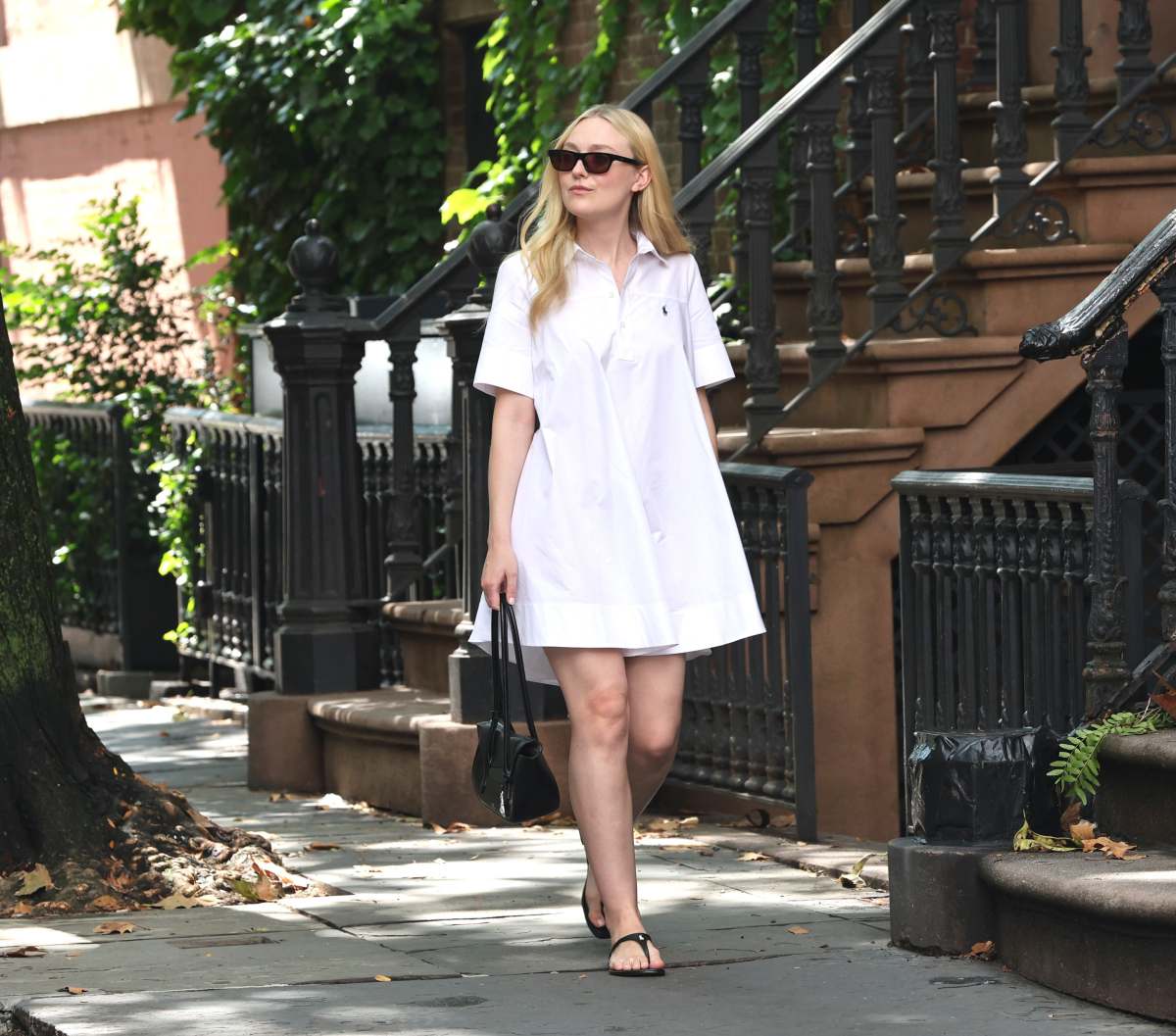 Dakota Fanning is seen filming a Polo by Ralph Lauren commercial in Downtown Manhattan on August 24, 2026 in New York City.