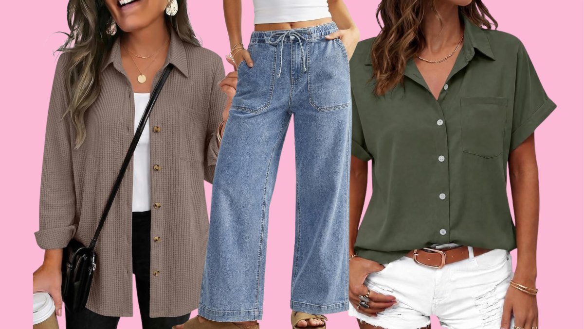 Waffle knit top, blue jeans and green button down top