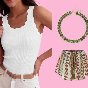 woven purse, jelly flip flops, white tank top, beaded jewelry and shorts