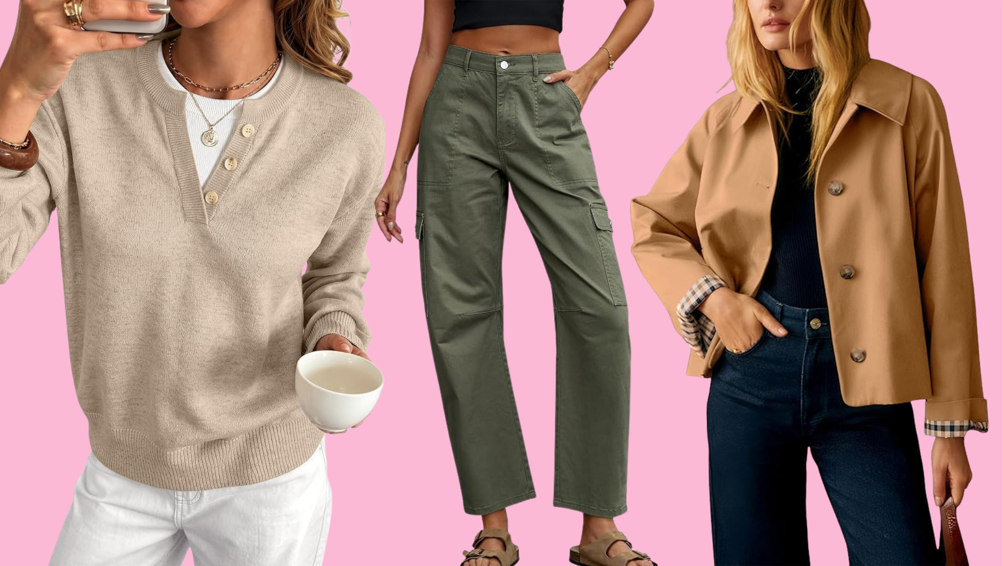 beige sweater, olive cargo pants and short trench coat