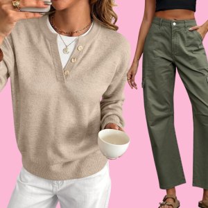 beige sweater, olive cargo pants and short trench coat