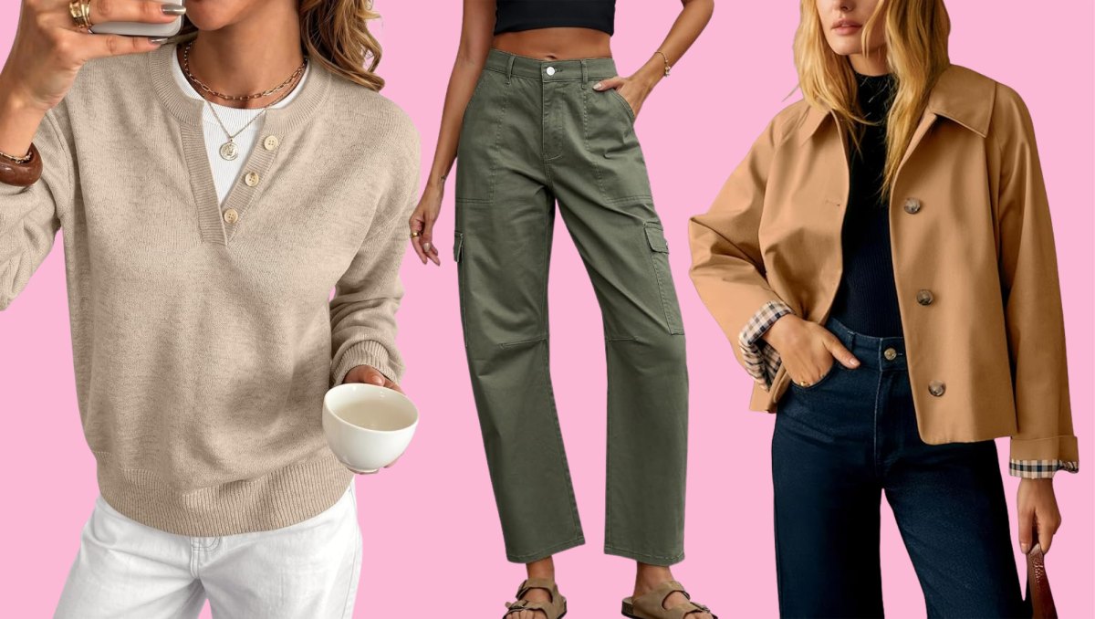 beige sweater, olive cargo pants and short trench coat