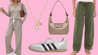 Beige set, Kendra Scott Necklace, Adidas sneakers, nylon bag and Madewell olive pants