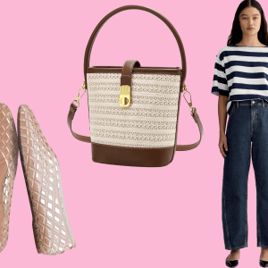 Beaded colorful necklace, jelly flats, woven bag and woman wearing jeans and top