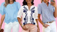 blue, blue and white and striped blue top
