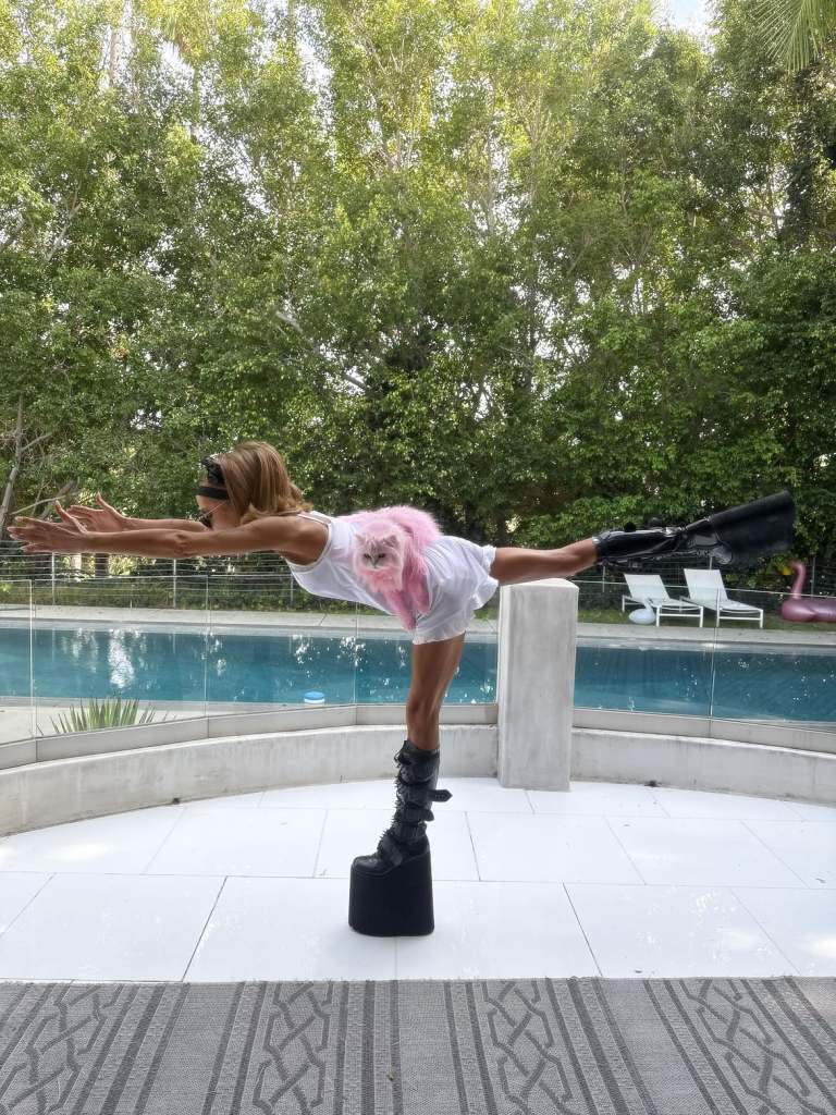 Kate Beckinsale Does Yoga in Sky-High Platforms With Her Pink-Furred Cat and Pomeranian on Her Back