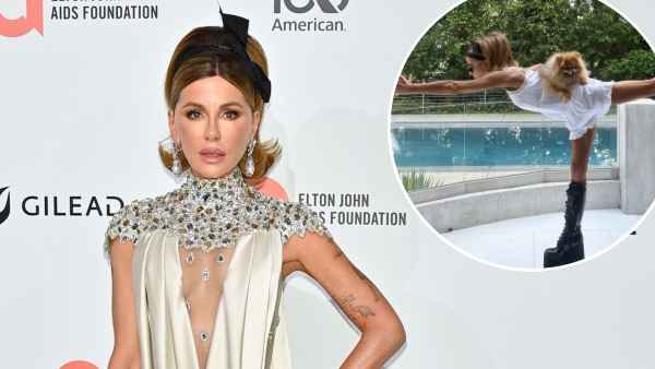 Kate Beckinsale Does Yoga in Sky-High Platforms With Her Pink-Furred Cat and Pomeranian on Her Back
