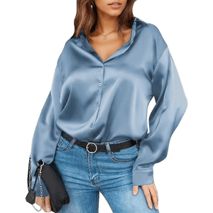 Damipow Long Sleeve Satin Button Down Shirt