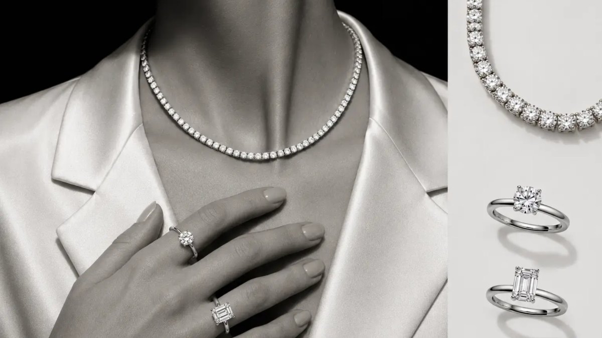 View of a woman wearing everyday diamond jewelry, including a tennis necklace and statement rings