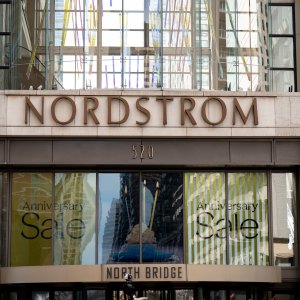 Nordstrom logo sign is seen on a store building in Chicago, Illinois, United States, on July 25, 2026. The signage displays the brand logotype of Nordstrom, an American department store chain offering clothing, footwear, accessories, and beauty products. (Photo by Marcin Golba/NurPhoto via Getty Images)