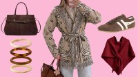 Brown Bag, Bangles, Bandana Cardigan, Suede Sneakers and Burgundy Wrap Scarf
