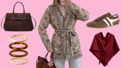 Brown Bag, Bangles, Bandana Cardigan, Suede Sneakers and Burgundy Wrap Scarf