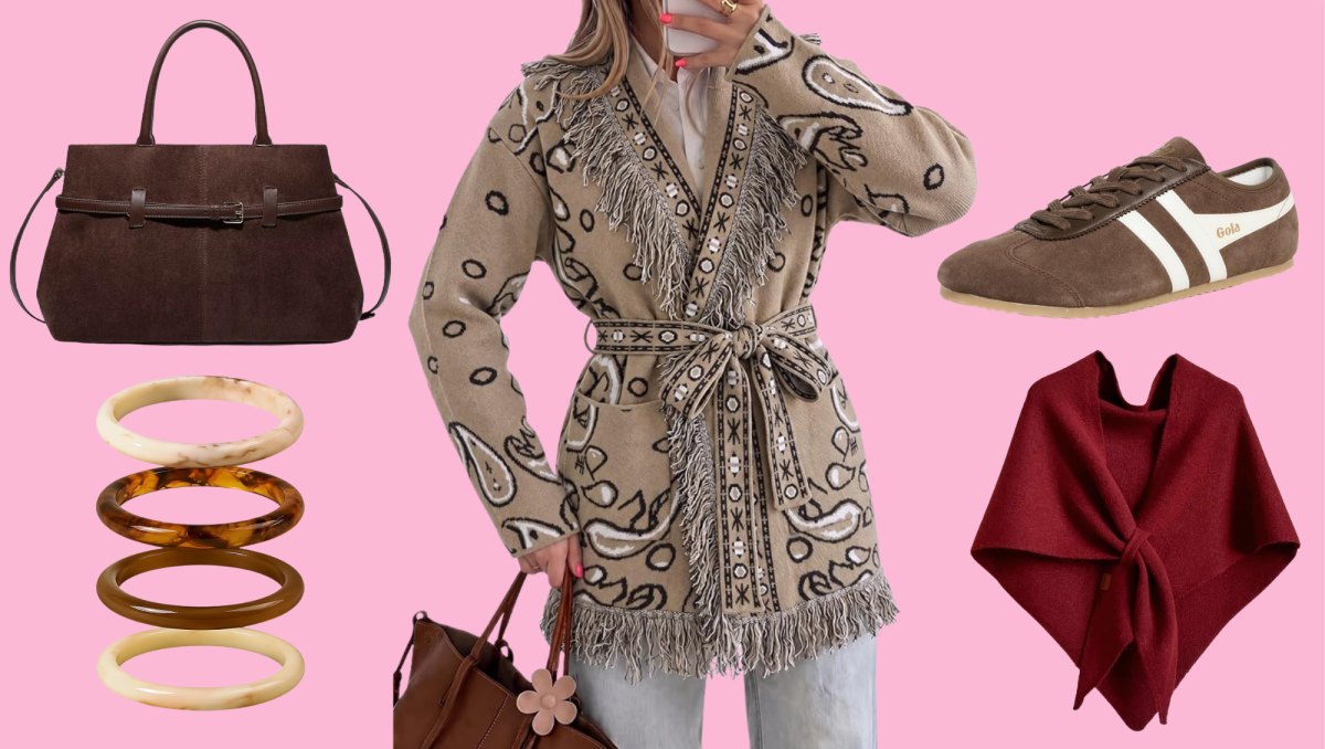 Brown Bag, Bangles, Bandana Cardigan, Suede Sneakers and Burgundy Wrap Scarf