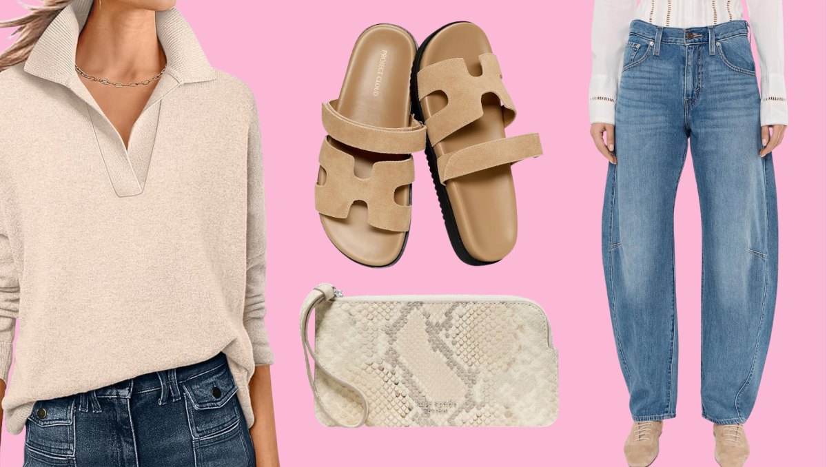 cream knit sweater, suede sandals, barrel jeans and snakeskin wallet