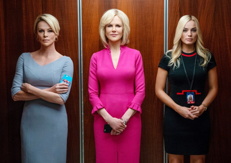 Charlize Theron as Megyn Kelly, Nicole Kidman as Gretchen Carlson, Margot Robbie as Kayla Pospisil in Bombshell
