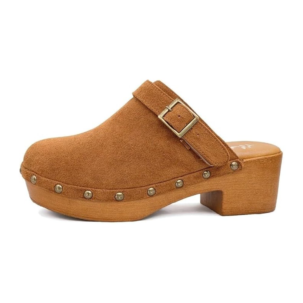 TruFox Studded Wood Platform Clogs Mules