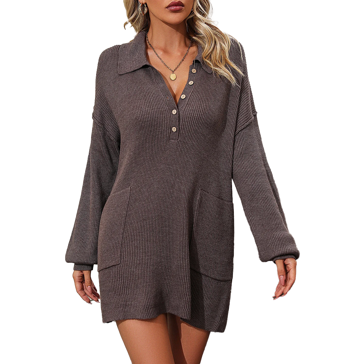 Collared Long Sleeve Sweater Dress with Pockets
