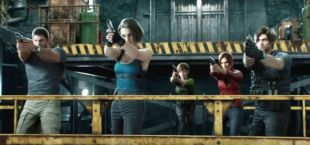 Chris Redfield (voice: Kevin Dorman), Jill Valentine (voice: Nicole Tompkins), Rebecca Chambers (voice: Erin Cahill), Claire Redfield (voice: Stephanie Panisello), Leon S. Kennedy (voice: Matthew Mercer) in Resident Evil: Death Island